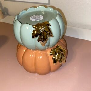 Bath & Body Works Blue and Orange Candle Holders with Gold Accents